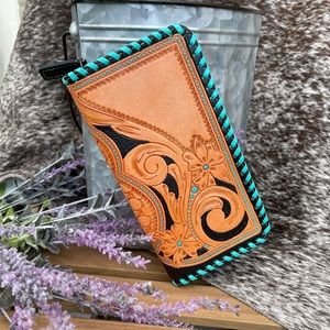 Turquoise Genuine Leather Zipper Womens Western Wallet